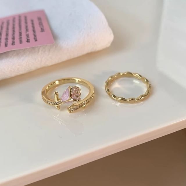 Rose Enamel Alloy Open Ring / Wavy Alloy Open Ring SpreePicky