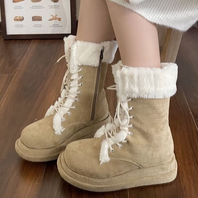 Fleece Lined Lace Up Mid Calf Boots SpreePicky