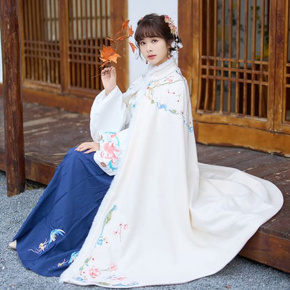 Stand Collar Floral Embroidered Fluffy Trim Tie Front Hanfu Cape SpreePicky