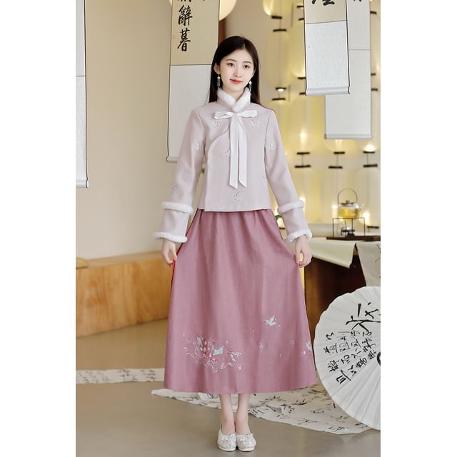 Stand Collar Butterfly Embroidered Fluffy Trim Tie Front Jacket / High Waist Midi A SpreePicky