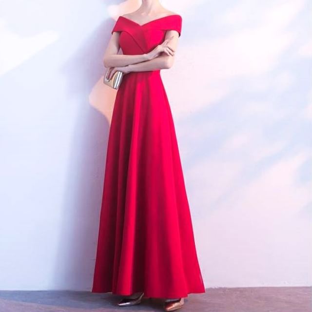 Off Shoulder Plain A-Line Evening Gown SpreePicky