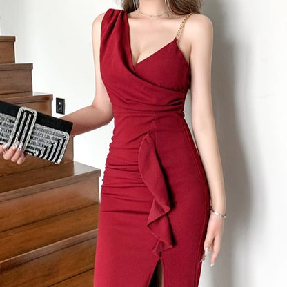 Spaghetti Strap V-Neck Plain Slit Maxi Sheath Dress SpreePicky