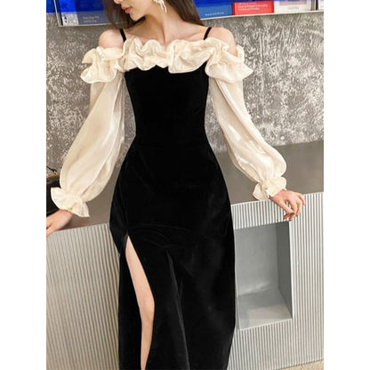 Long-Sleeve Cold Shoulder Two Tone A-Line Evening Gown SpreePicky