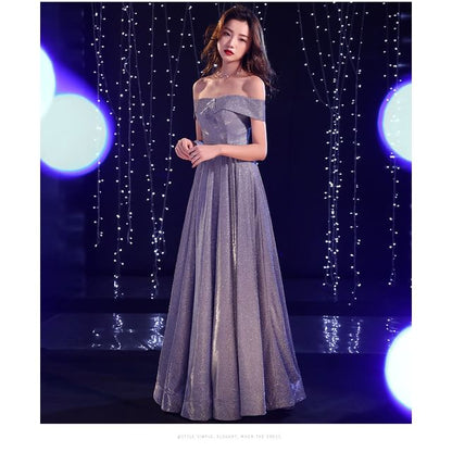 Off Shoulder Plain A-Line Evening Gown SpreePicky