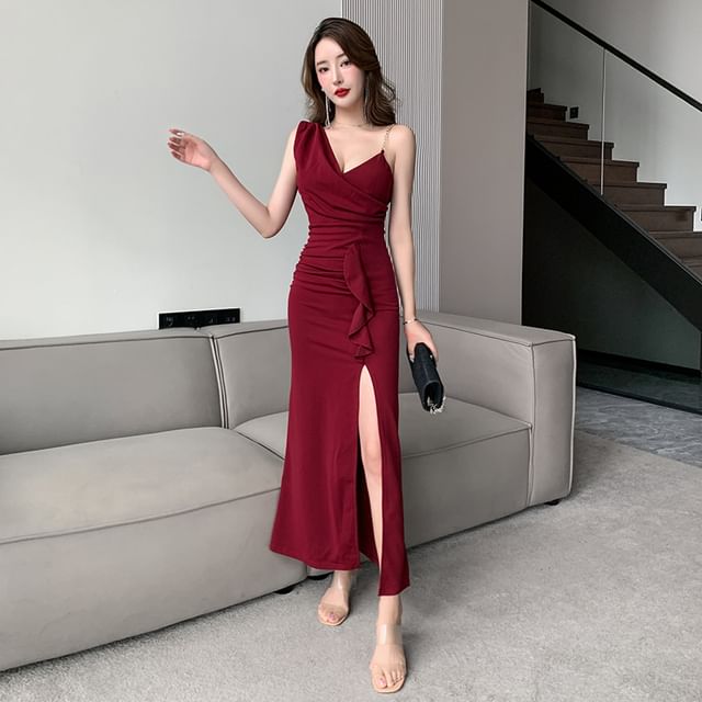 Spaghetti Strap V-Neck Plain Slit Maxi Sheath Dress SpreePicky