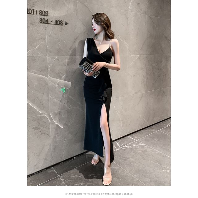 Spaghetti Strap V-Neck Plain Slit Maxi Sheath Dress SpreePicky