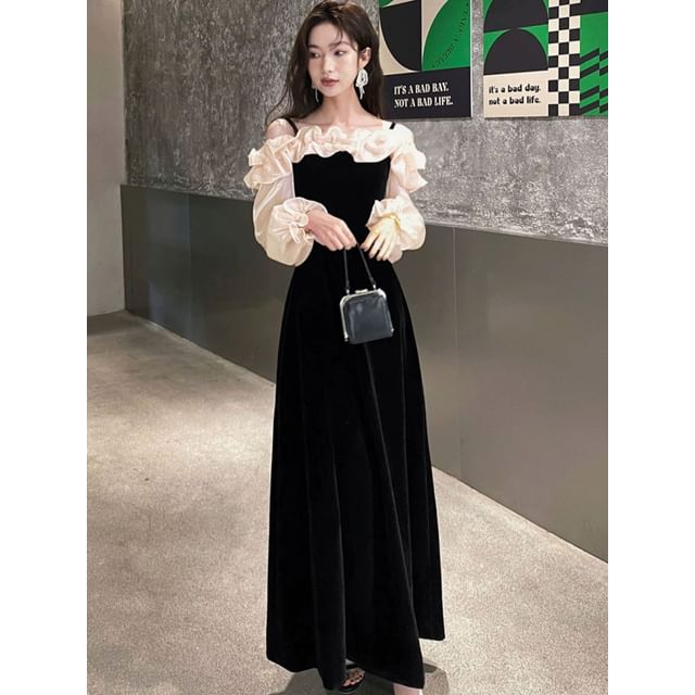 Long-Sleeve Cold Shoulder Two Tone A-Line Evening Gown SpreePicky