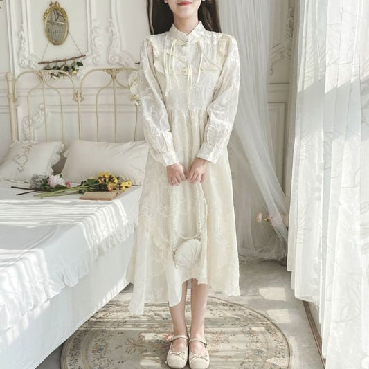 Long-Sleeve Mandarin Collar Plain Ruffle Frog Closure Midi A-Line Dress mySite