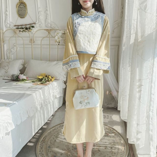 Long-Sleeve Floral Embroidered Panel Midi A-Line Qipao / Round Neck Frog Closure Vest / Set mySite