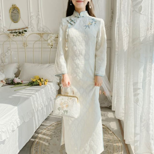 Long-Sleeve Floral Embroidered Lace Maxi A-Line Qipao mySite