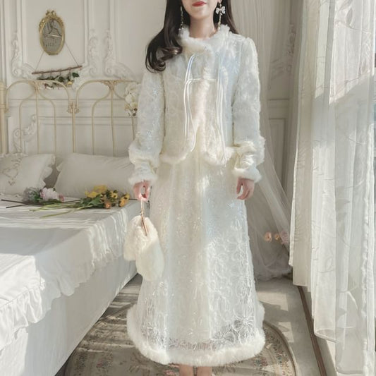 Set: Round Neck Plain Sequin Fluffy Trim Lace Overlay Frog Closure Jacket + High Waist Midi A-Line Skirt mySite