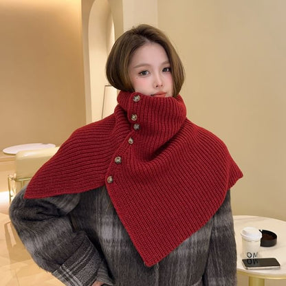 Turtleneck Plain Buttoned Knit Shawl SpreePicky