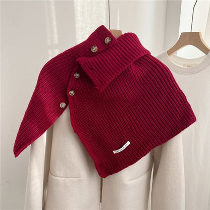 Turtleneck Plain Buttoned Knit Shawl SpreePicky