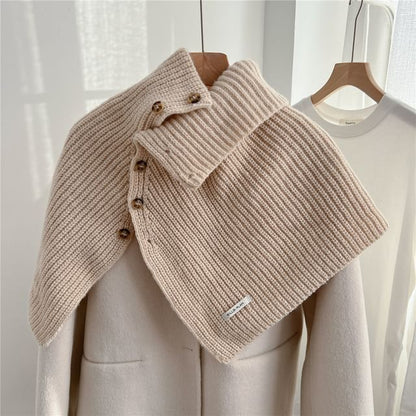 Turtleneck Plain Buttoned Knit Shawl SpreePicky