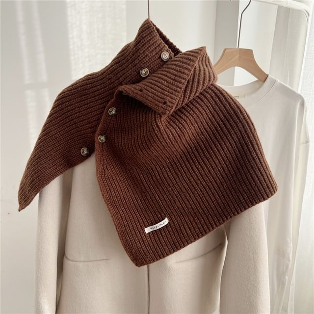 Turtleneck Plain Buttoned Knit Shawl SpreePicky