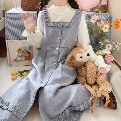 Long-Sleeve Mock Neck Plain Ruffle Top / Square Neck Plain Ruffle Heart Button Midi A-Line Overall Dress SpreePicky