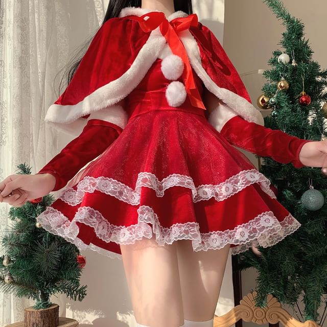 Pom Pom Ruffle Velvet Mini A-Line Tube Dress / Arm Sleeves / Tie Front Capelet / Christmas Party Costume Set SpreePicky