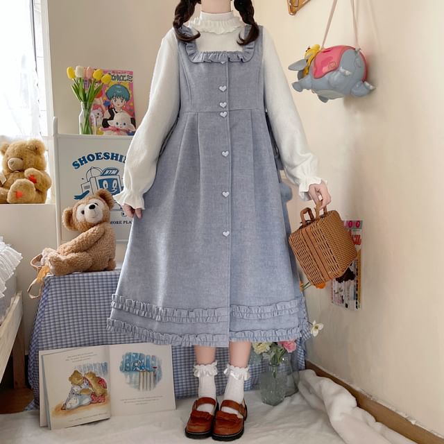 Long-Sleeve Mock Neck Plain Ruffle Top / Square Neck Plain Ruffle Heart Button Midi A-Line Overall Dress SpreePicky