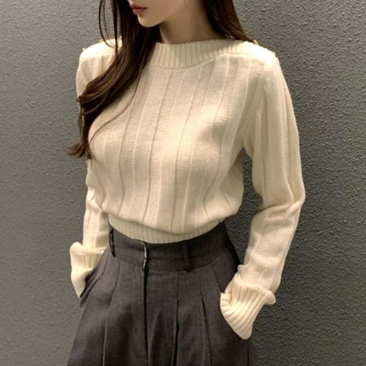 Long-Sleeve Crewneck Plain Knit Top mySite