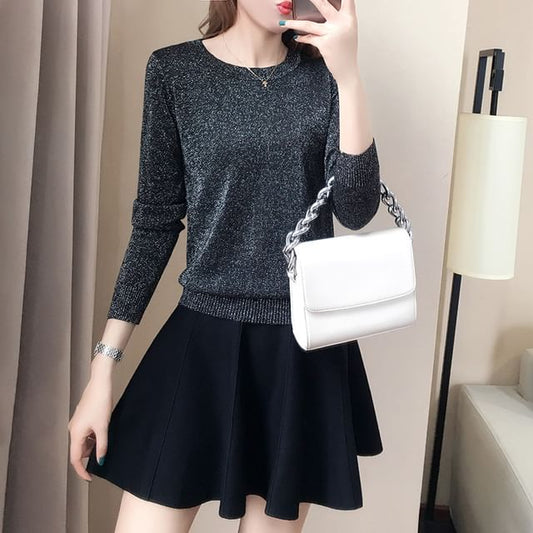 Crew Neck Glitter Sweater / High Waist Plain Mini A SpreePicky