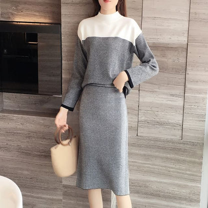 Set: Mock Neck Two Tone Sweater + High Waist Striped Midi Straight Skirt SpreePicky