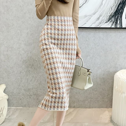 High Waist Houndstooth Midi Pencil Skirt SpreePicky