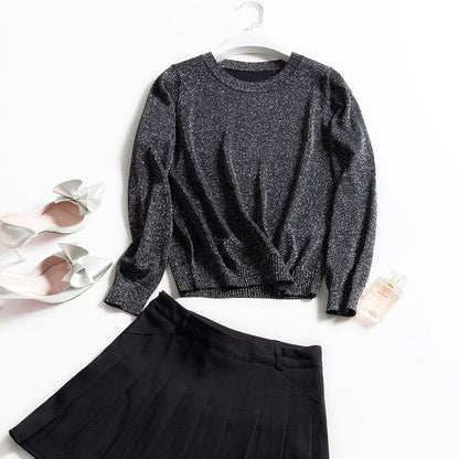 Crew Neck Glitter Sweater / High Waist Plain Mini A SpreePicky