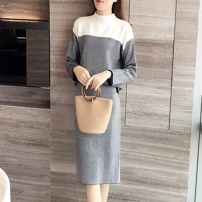 Set: Mock Neck Two Tone Sweater + High Waist Striped Midi Straight Skirt SpreePicky