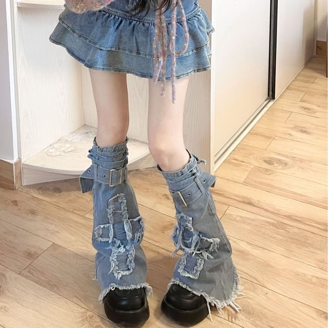 Applique Fringed Trim Buckled Denim Leg Warmers mySite