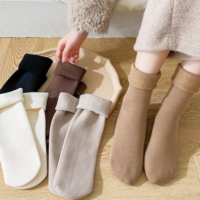 Plain Fleece-Lined Ribbed Socks / Set SpreePicky