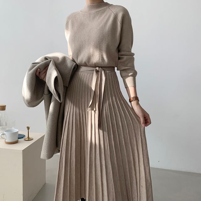 Long-Sleeve Mock Neck Plain Accordion Pleated Midi A-Line Knit Dress SpreePicky