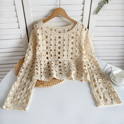 Long-Sleeve Crew Neck Crochet Lace Top mySite