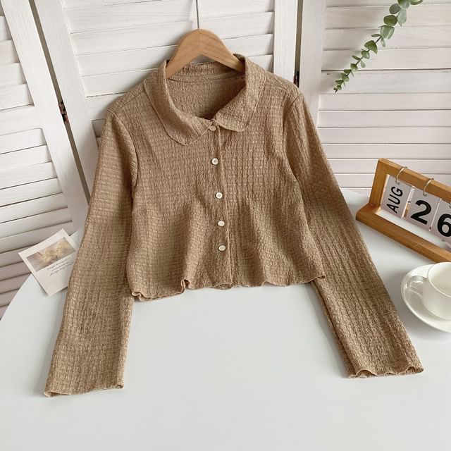 Long-Sleeve Plain Shirred Button-Up Shirt mySite