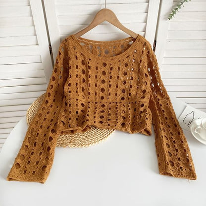 Long-Sleeve Crew Neck Crochet Lace Top mySite