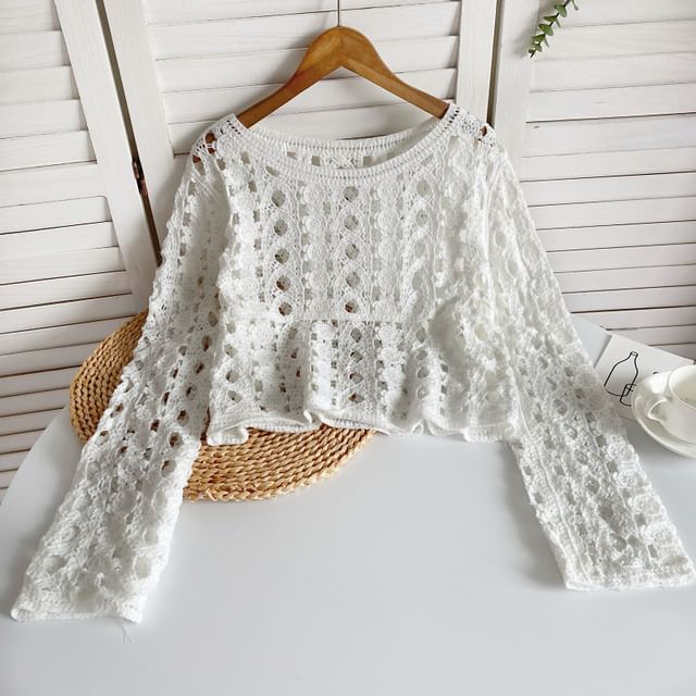 Long-Sleeve Crew Neck Crochet Lace Top mySite