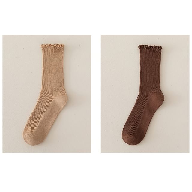 Set of 2 Paris: Plain Ribbed Ruffle Trim Socks SpreePicky