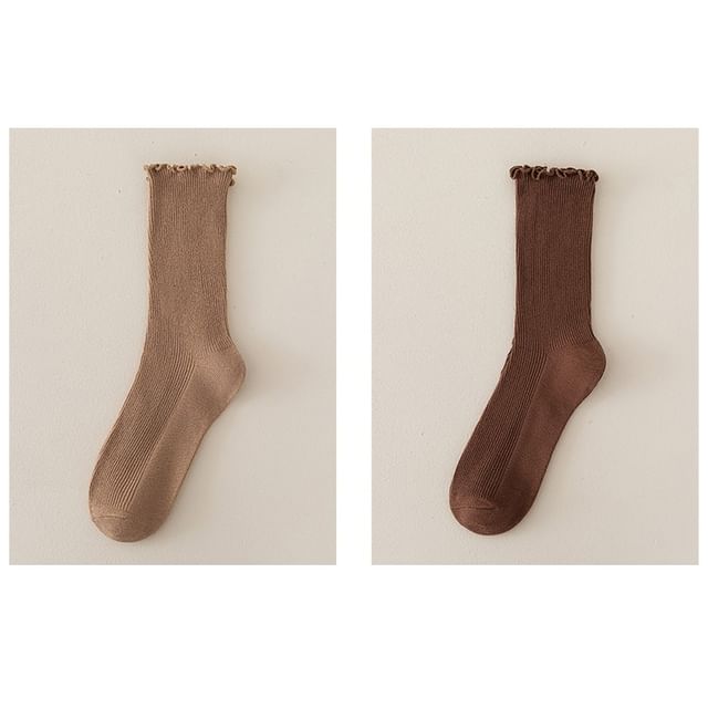 Set of 2 Paris: Plain Ribbed Ruffle Trim Socks SpreePicky