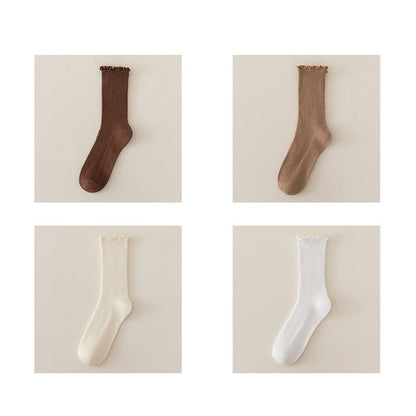 Set of 2 Paris: Plain Ribbed Ruffle Trim Socks SpreePicky