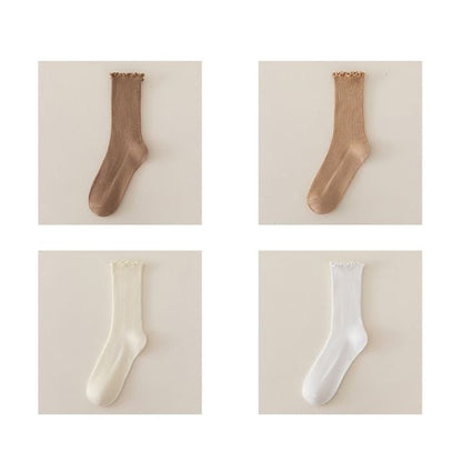 Set of 2 Paris: Plain Ribbed Ruffle Trim Socks SpreePicky