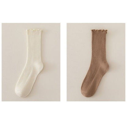 Set of 2 Paris: Plain Ribbed Ruffle Trim Socks SpreePicky