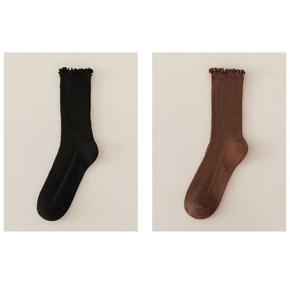 Set of 2 Paris: Plain Ribbed Ruffle Trim Socks SpreePicky