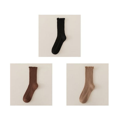 Set of 2 Paris: Plain Ribbed Ruffle Trim Socks SpreePicky