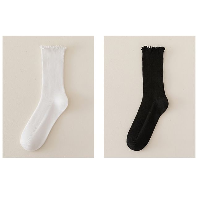 Set of 2 Paris: Plain Ribbed Ruffle Trim Socks SpreePicky