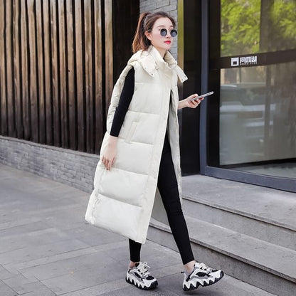 Plain Hooded Midi Puffer Vest SpreePicky