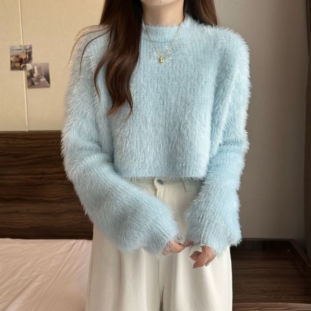 Crewneck Plain Woolen Oversize Cropped Sweater SpreePicky