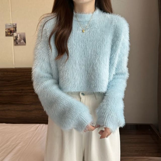 Crewneck Plain Woolen Oversize Cropped Sweater SpreePicky