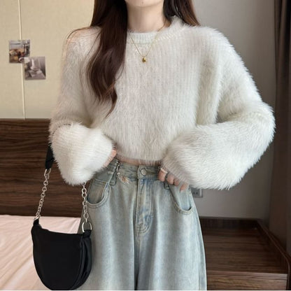 Crewneck Plain Woolen Oversize Cropped Sweater SpreePicky