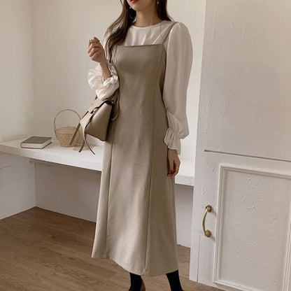 Spaghetti Strap Plain Midi Overall Dress / Long-Sleeve Crew Neck Plain Ruffle Trim Blouse SpreePicky