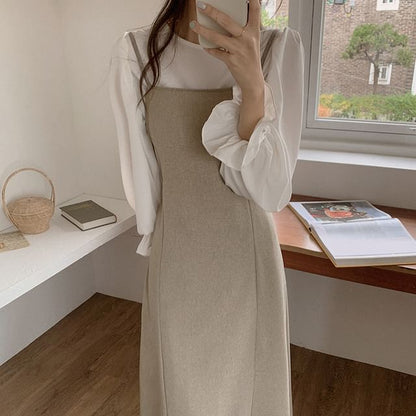 Spaghetti Strap Plain Midi Overall Dress / Long-Sleeve Crew Neck Plain Ruffle Trim Blouse SpreePicky