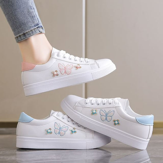 Platform Butterfly Embroidered Faux Pearl Accent Lace-Up Sneakers SpreePicky